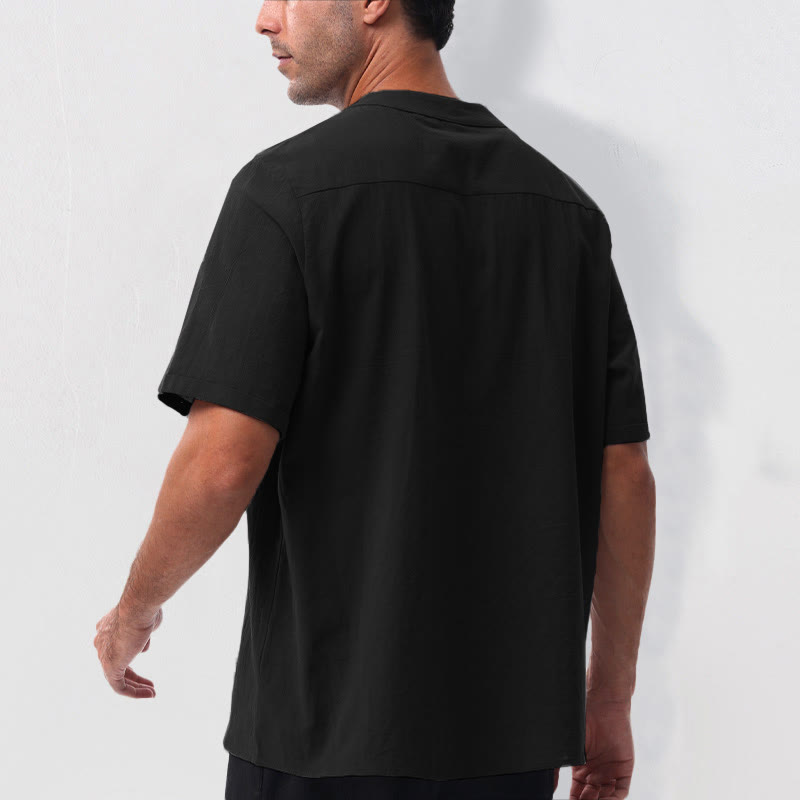 Nimara Ritual Summer Casual Mandarin Collar Solid Half Buttons Cotton Linen Men's Short Sleeve Shirts