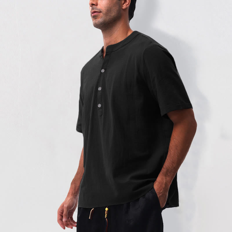 Nimara Ritual Summer Casual Mandarin Collar Solid Half Buttons Cotton Linen Men's Short Sleeve Shirts