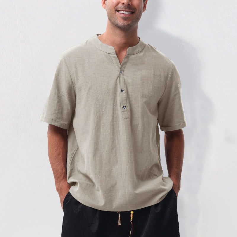 Nimara Ritual Summer Casual Mandarin Collar Solid Half Buttons Cotton Linen Men's Short Sleeve Shirts