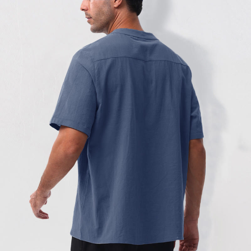 Nimara Ritual Summer Casual Mandarin Collar Solid Half Buttons Cotton Linen Men's Short Sleeve Shirts