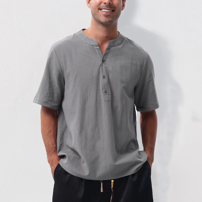 Nimara Ritual Summer Casual Mandarin Collar Solid Half Buttons Cotton Linen Men's Short Sleeve Shirts