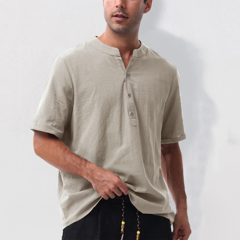 Nimara Ritual Summer Casual Mandarin Collar Solid Half Buttons Cotton Linen Men's Short Sleeve Shirts