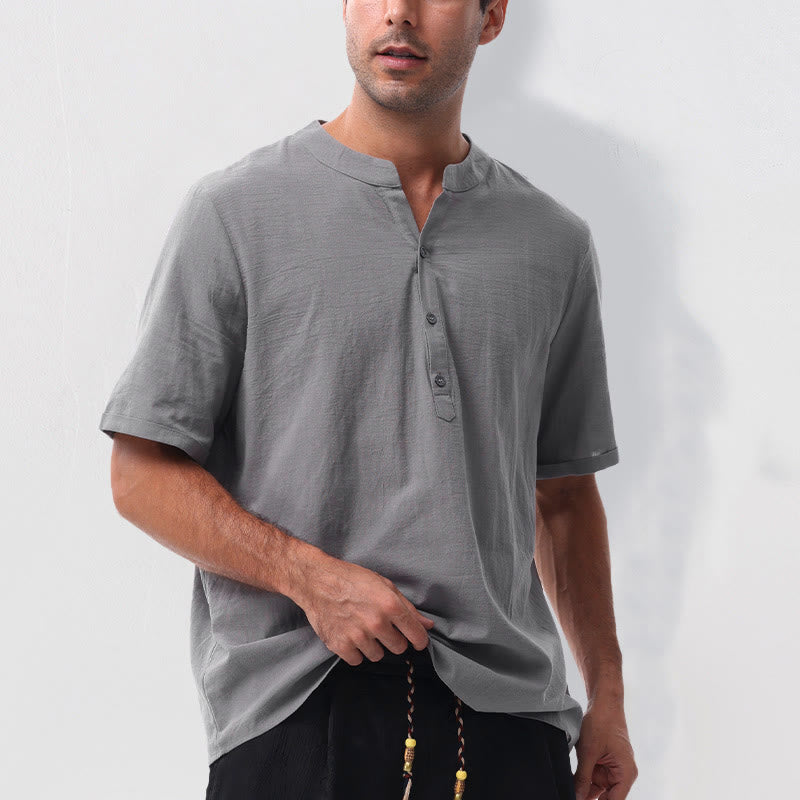 Nimara Ritual Summer Casual Mandarin Collar Solid Half Buttons Cotton Linen Men's Short Sleeve Shirts