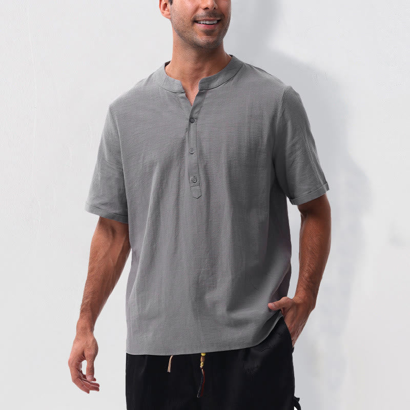 Nimara Ritual Summer Casual Mandarin Collar Solid Half Buttons Cotton Linen Men's Short Sleeve Shirts