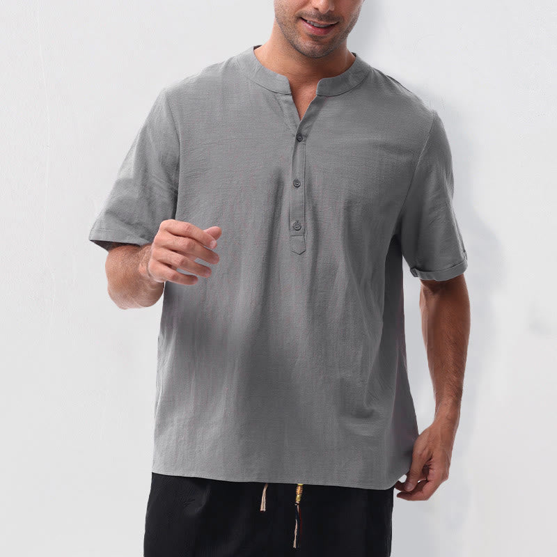 Nimara Ritual Summer Casual Mandarin Collar Solid Half Buttons Cotton Linen Men's Short Sleeve Shirts