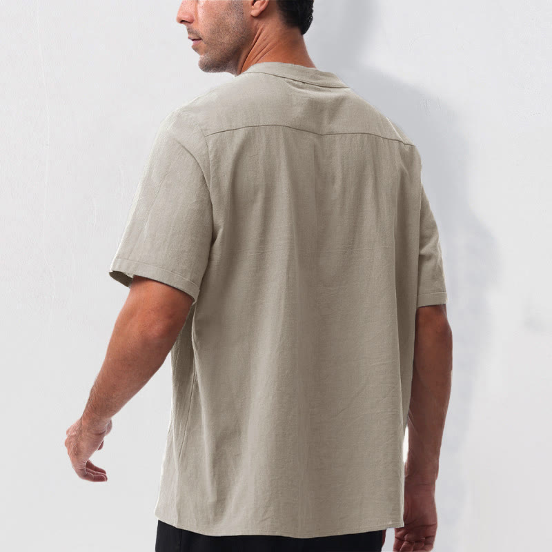 Nimara Ritual Summer Casual Mandarin Collar Solid Half Buttons Cotton Linen Men's Short Sleeve Shirts