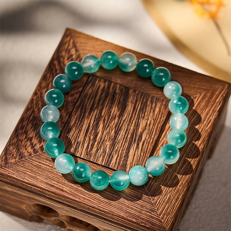 Nimara Ritual White Chalcedony Emotional Balance Blue Floral Round Bead Bracelet