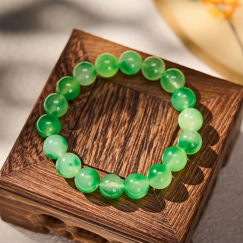Nimara Ritual White Chalcedony Healing Green Floating Flower Round Beaded Bracelet