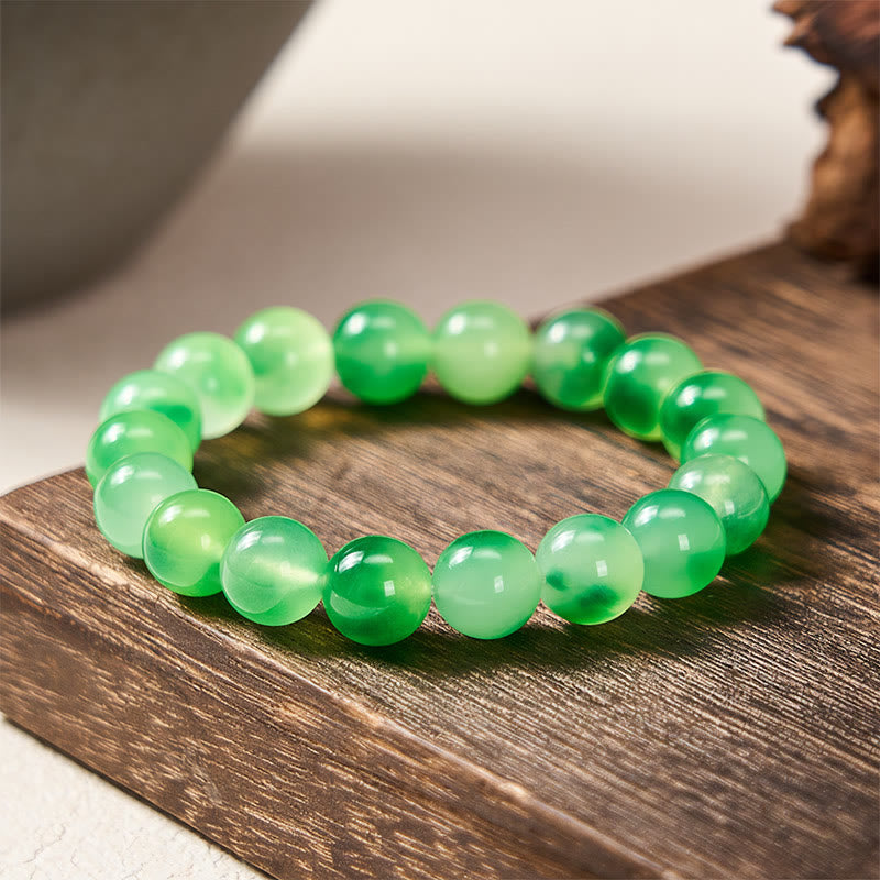 Nimara Ritual White Chalcedony Healing Green Floating Flower Round Beaded Bracelet