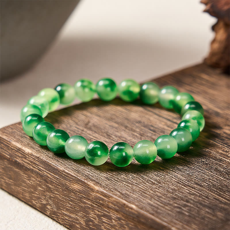 Nimara Ritual White Chalcedony Healing Green Floating Flower Round Beaded Bracelet