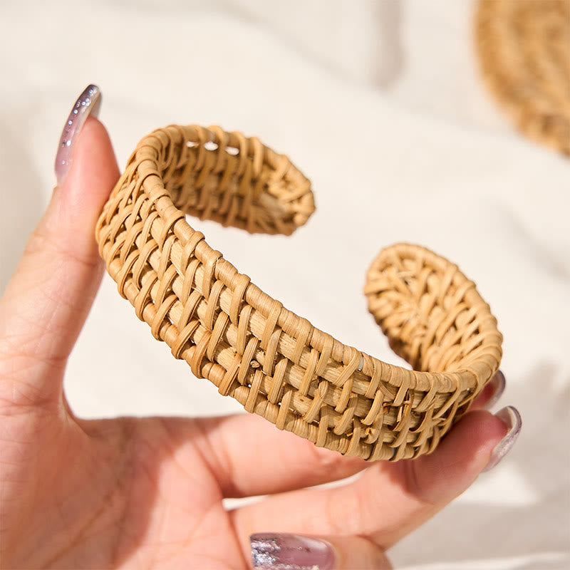 Nimara Ritual Handwoven Natural Rattan Bohemian Open Cuff Bracelet