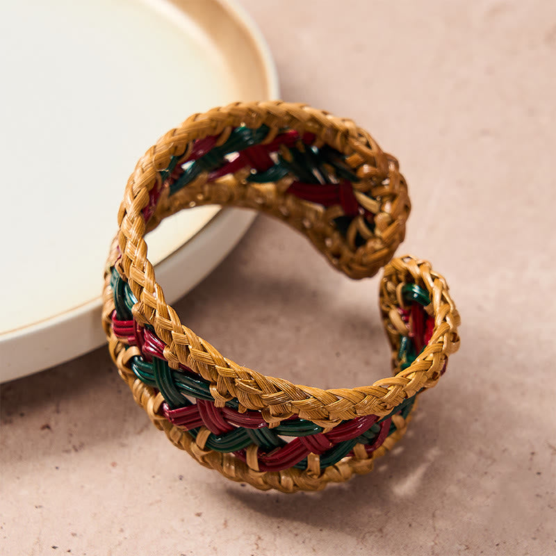 Nimara Ritual Natural Rattan Hand-Woven Bohemian Wide Round Cuff Bracelet