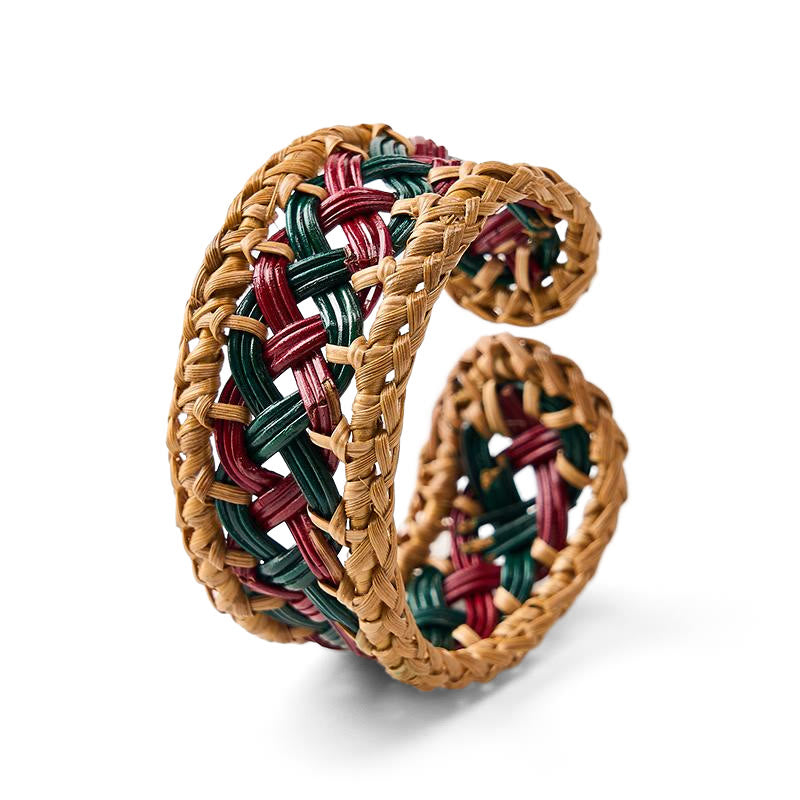Nimara Ritual Natural Rattan Hand-Woven Bohemian Wide Round Cuff Bracelet