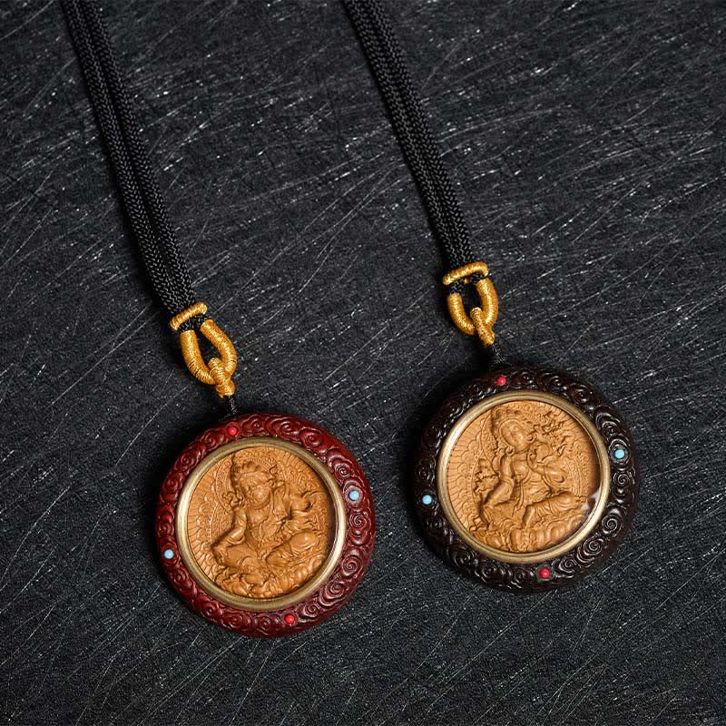 Nimara Ritual Small Leaf Red Sandalwood Ebony Wood Yellow Jambhala Bodhisattva Green Tara Protection Necklace Pendant