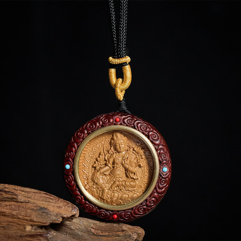 Nimara Ritual Small Leaf Red Sandalwood Ebony Wood Yellow Jambhala Bodhisattva Green Tara Protection Necklace Pendant