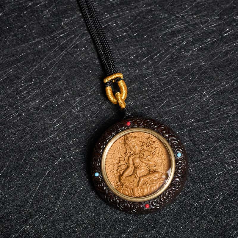 Nimara Ritual Small Leaf Red Sandalwood Ebony Wood Yellow Jambhala Bodhisattva Green Tara Protection Necklace Pendant
