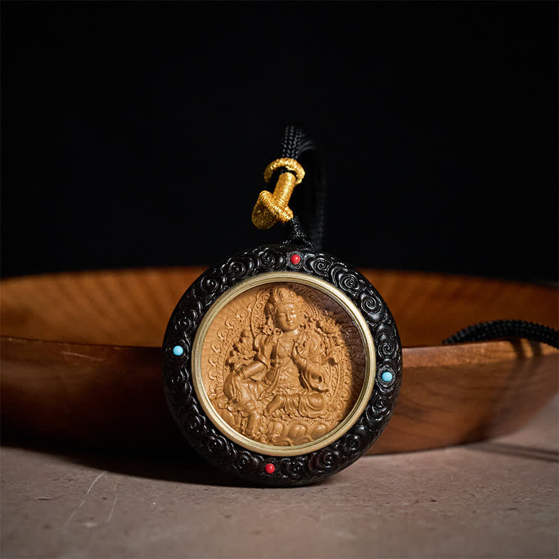 Nimara Ritual Small Leaf Red Sandalwood Ebony Wood Yellow Jambhala Bodhisattva Green Tara Protection Necklace Pendant