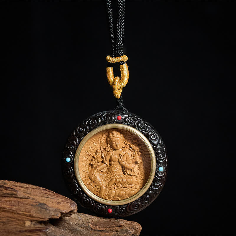 Nimara Ritual Small Leaf Red Sandalwood Ebony Wood Yellow Jambhala Bodhisattva Green Tara Protection Necklace Pendant