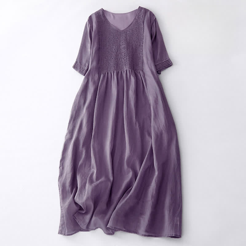 Nimara Ritual Casual Accordion Pleat Plain V-neck Short Sleeve Midi Dress With Pockets