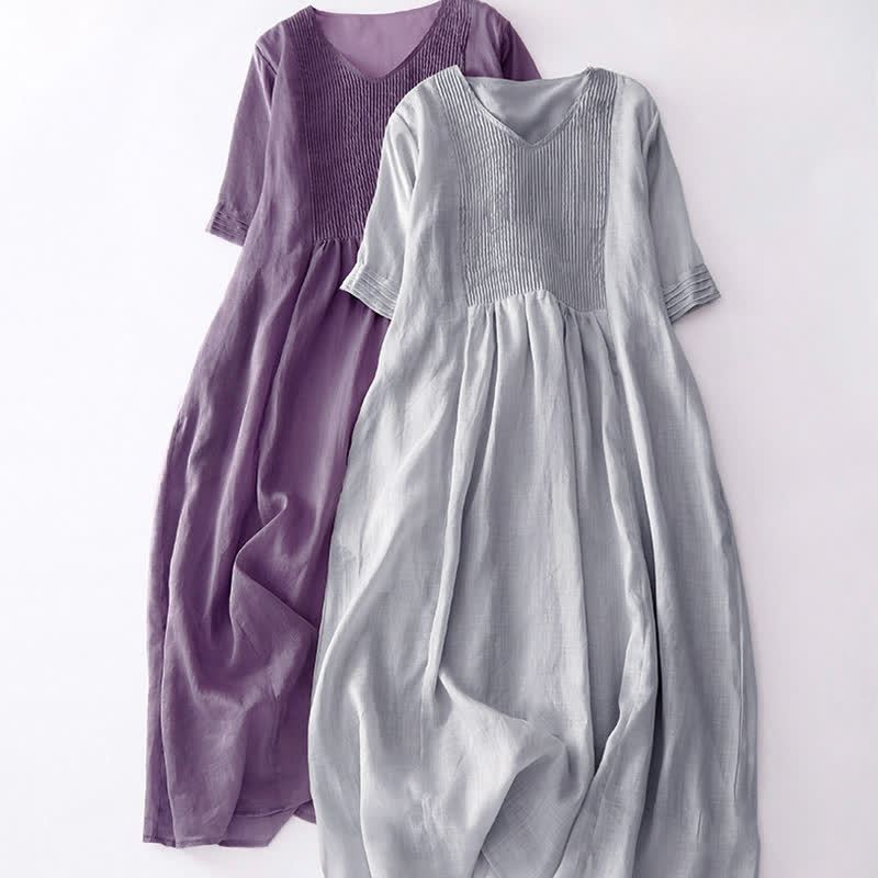 Nimara Ritual Casual Accordion Pleat Plain V-neck Short Sleeve Midi Dress With Pockets