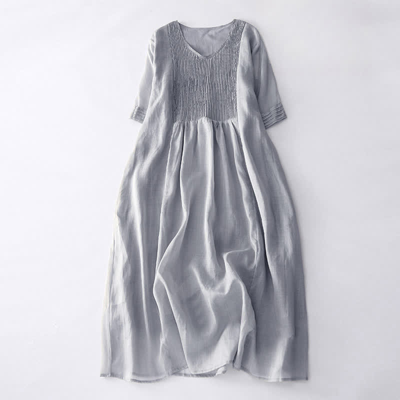 Nimara Ritual Casual Accordion Pleat Plain V-neck Short Sleeve Midi Dress With Pockets