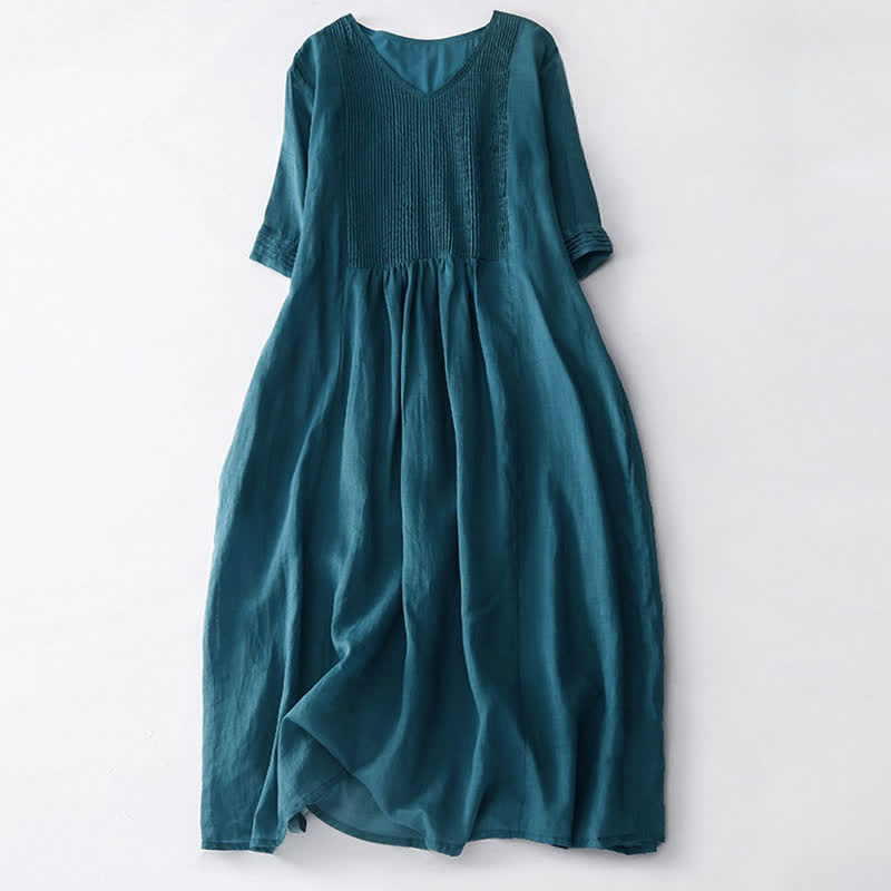 Nimara Ritual Casual Accordion Pleat Plain V-neck Short Sleeve Midi Dress With Pockets