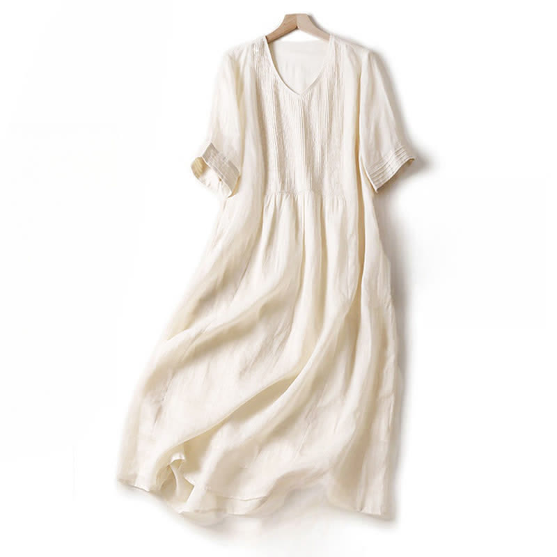 Nimara Ritual Casual Accordion Pleat Plain V-neck Short Sleeve Midi Dress With Pockets