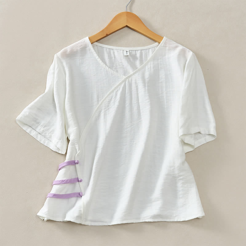 Nimara Ritual Summer Casual Minimalist V-Neck Solid Decorative Button Women's Short Sleeve T-Shirts