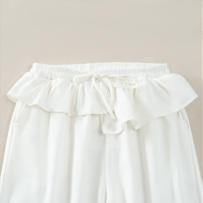 Nimara Ritual Spring Summer Casual Drawstring Elastic Waist Ruffled Solid Cropped Pants Women's Straight Leg Pants With Pockets