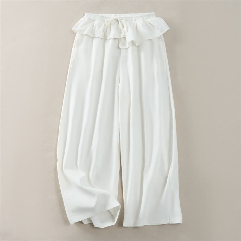 Nimara Ritual Spring Summer Casual Drawstring Elastic Waist Ruffled Solid Cropped Pants Women's Straight Leg Pants With Pockets
