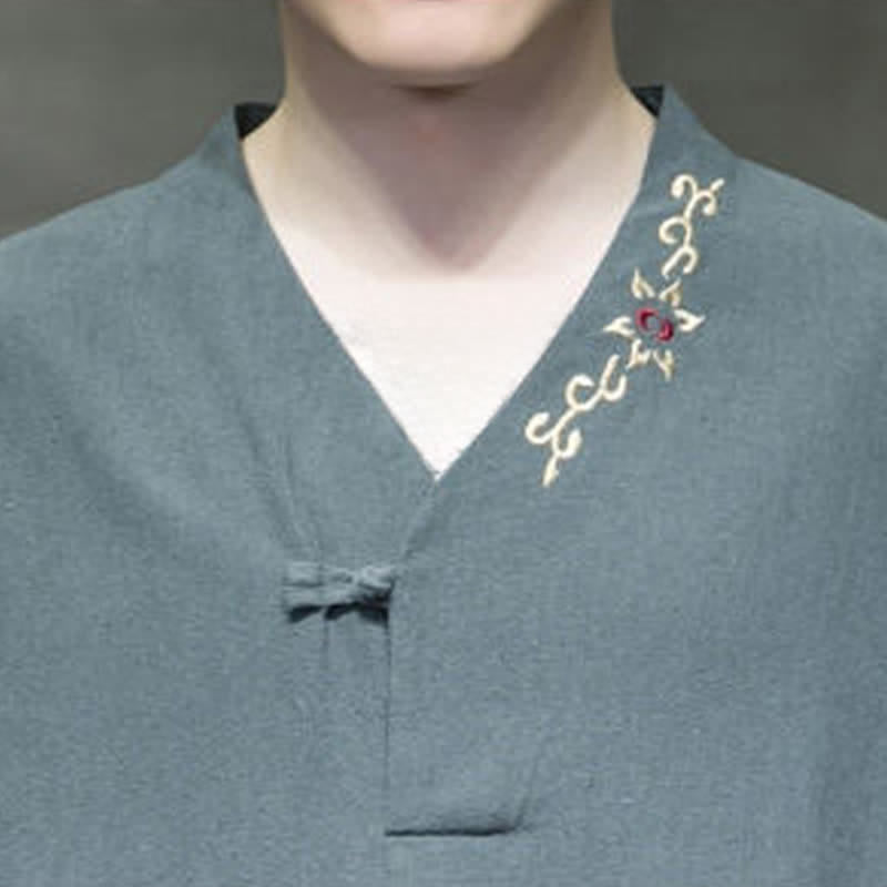 Nimara Ritual Summer Tang Style Embroidery V-Neck One Frog Button Floral Men's Short Sleeve Shirts