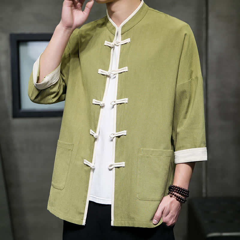 Nimara Ritual Summer Tang Style Mandarin Collar Color Blocking Frog Button Men's Short Sleeve Shirts With Pockets