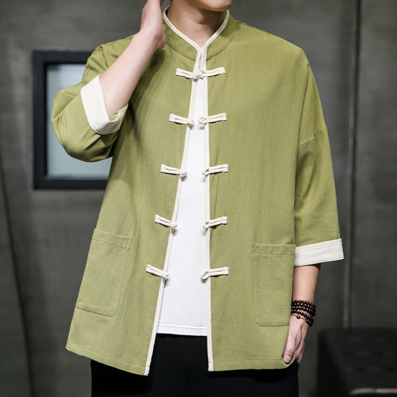Nimara Ritual Summer Tang Style Mandarin Collar Color Blocking Frog Button Men's Short Sleeve Shirts With Pockets