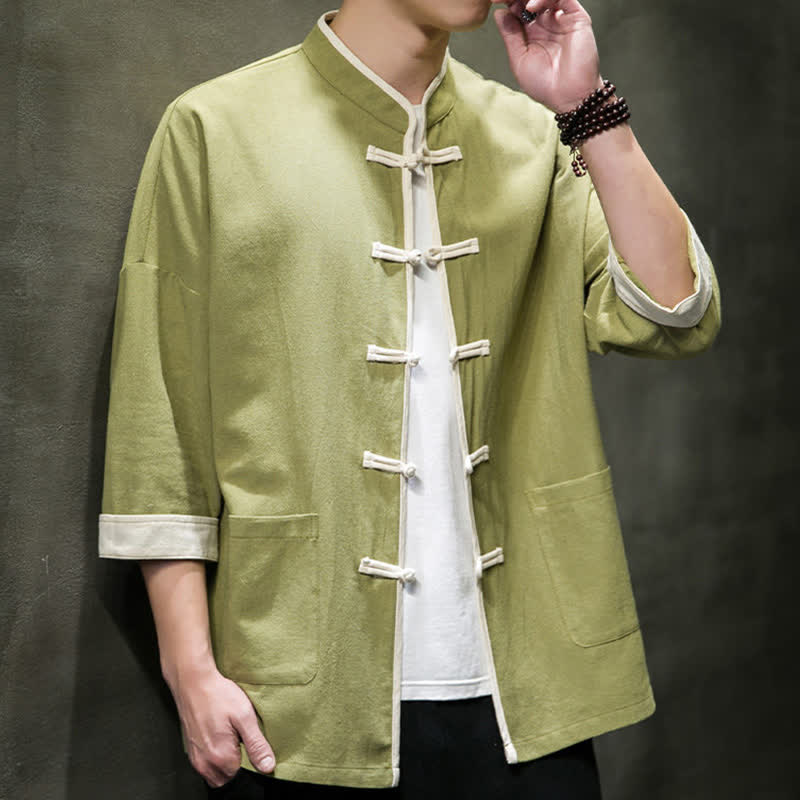 Nimara Ritual Summer Tang Style Mandarin Collar Color Blocking Frog Button Men's Short Sleeve Shirts With Pockets