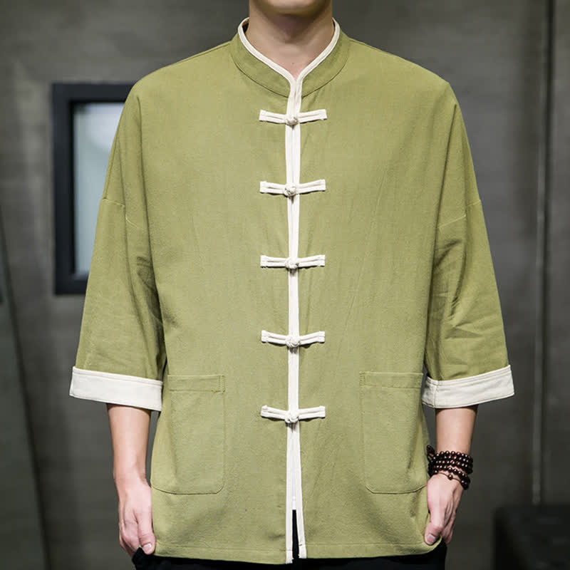Nimara Ritual Summer Tang Style Mandarin Collar Color Blocking Frog Button Men's Short Sleeve Shirts With Pockets