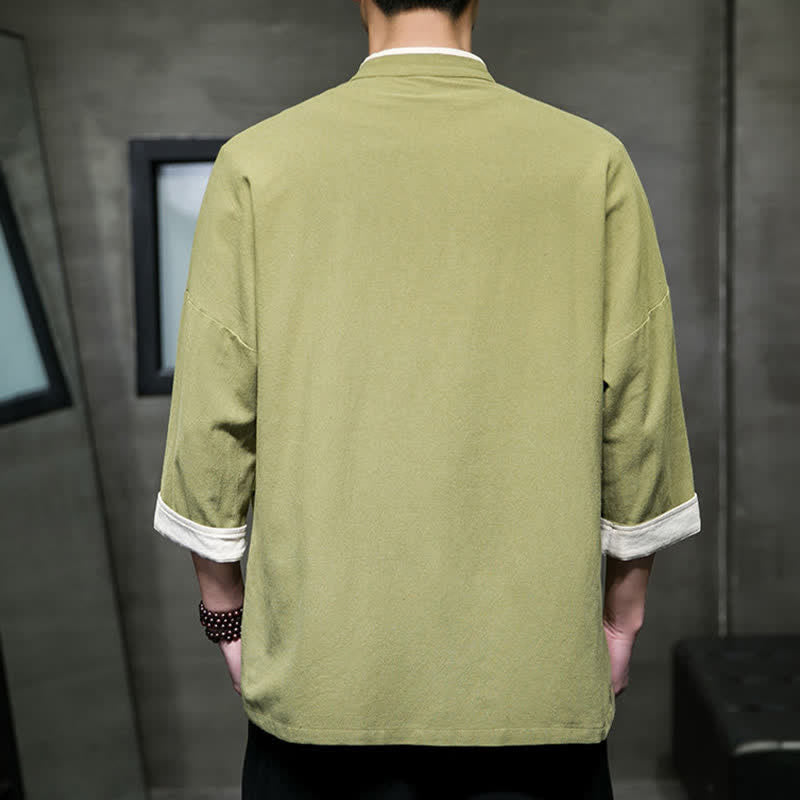 Nimara Ritual Summer Tang Style Mandarin Collar Color Blocking Frog Button Men's Short Sleeve Shirts With Pockets
