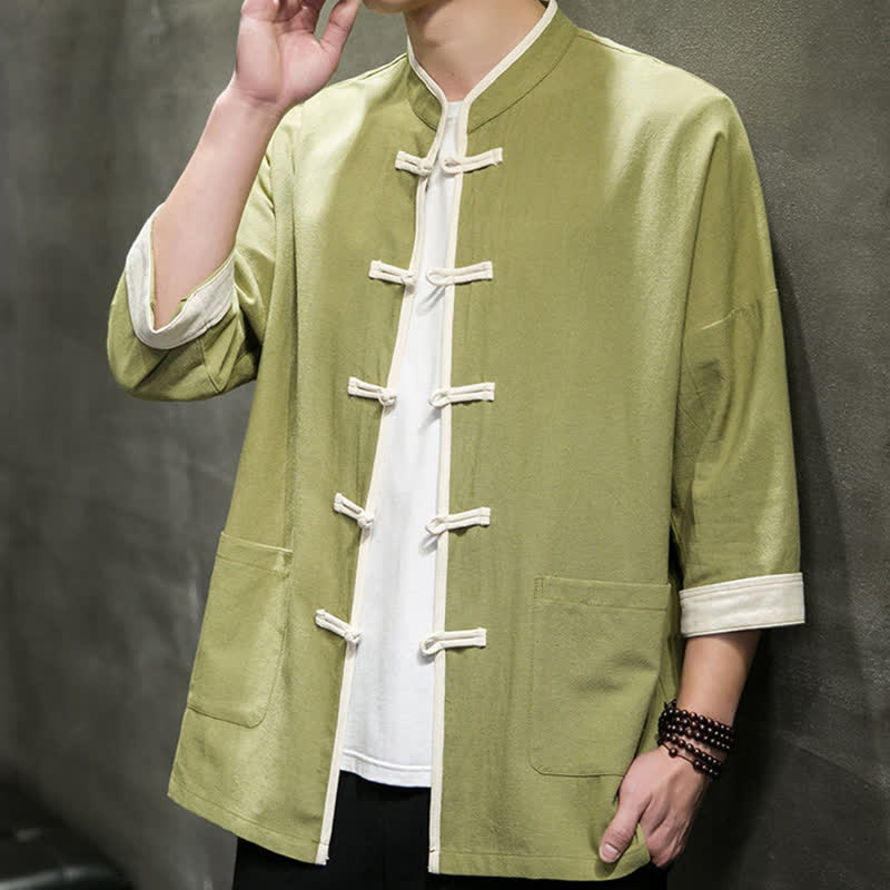 Nimara Ritual Summer Tang Style Mandarin Collar Color Blocking Frog Button Men's Short Sleeve Shirts With Pockets