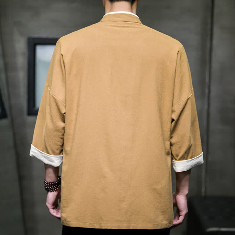 Nimara Ritual Summer Tang Style Mandarin Collar Color Blocking Frog Button Men's Short Sleeve Shirts With Pockets