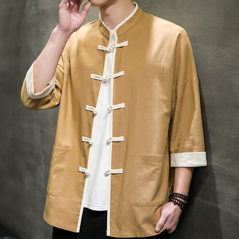 Nimara Ritual Summer Tang Style Mandarin Collar Color Blocking Frog Button Men's Short Sleeve Shirts With Pockets