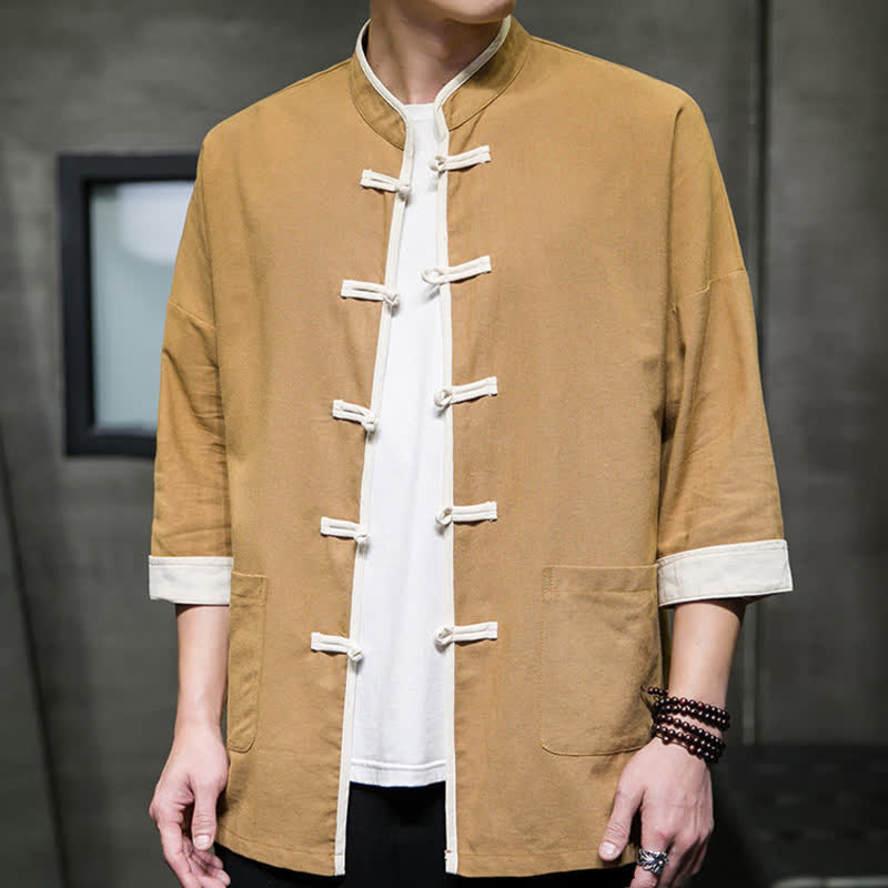 Nimara Ritual Summer Tang Style Mandarin Collar Color Blocking Frog Button Men's Short Sleeve Shirts With Pockets
