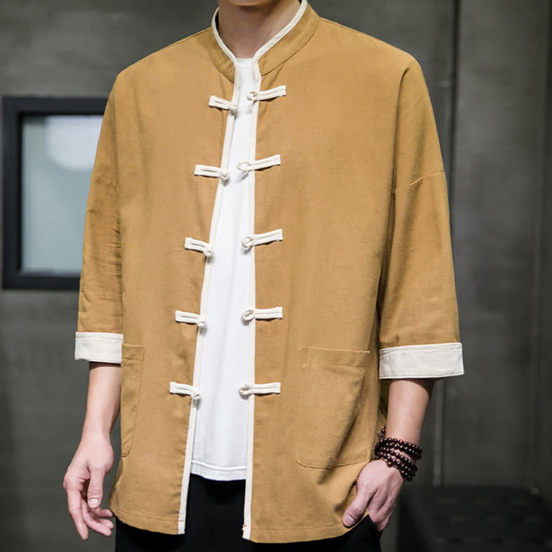 Nimara Ritual Summer Tang Style Mandarin Collar Color Blocking Frog Button Men's Short Sleeve Shirts With Pockets