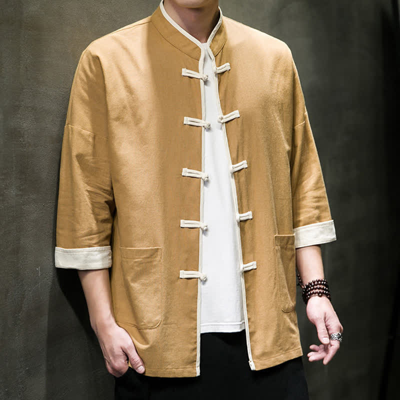 Nimara Ritual Summer Tang Style Mandarin Collar Color Blocking Frog Button Men's Short Sleeve Shirts With Pockets