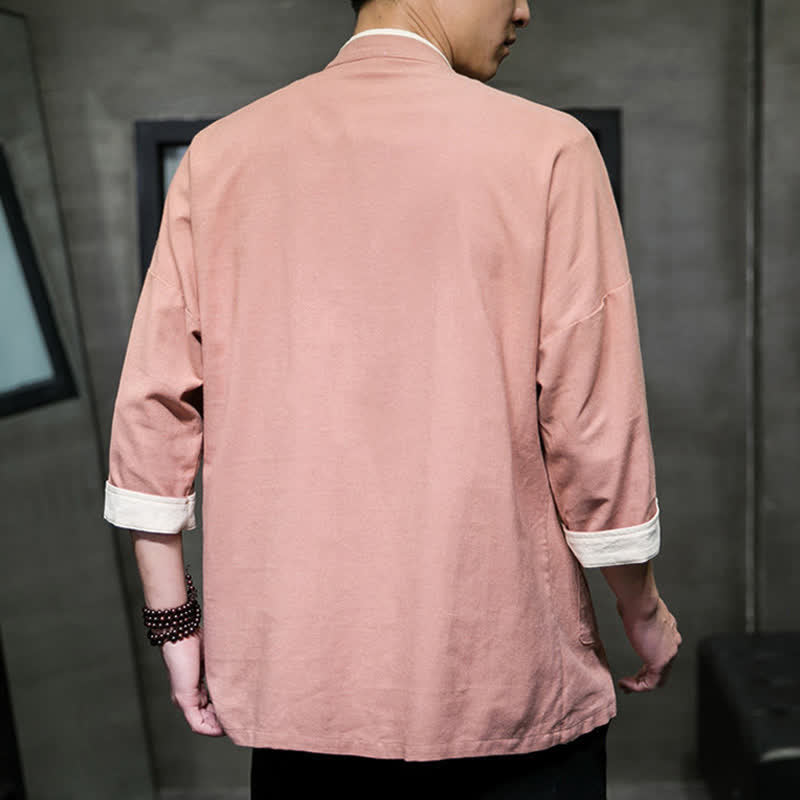 Nimara Ritual Summer Tang Style Mandarin Collar Color Blocking Frog Button Men's Short Sleeve Shirts With Pockets