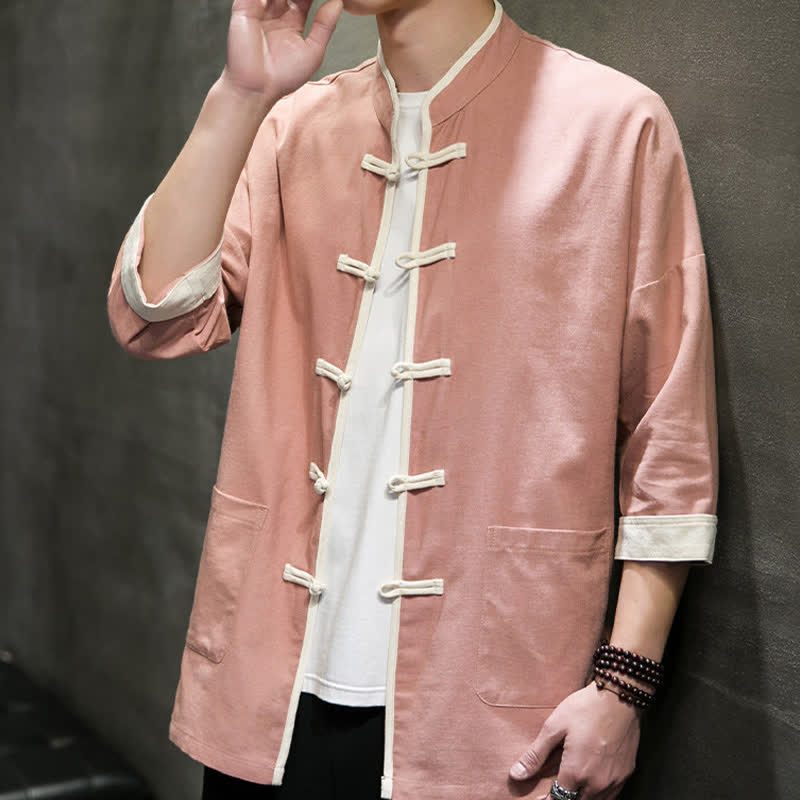 Nimara Ritual Summer Tang Style Mandarin Collar Color Blocking Frog Button Men's Short Sleeve Shirts With Pockets