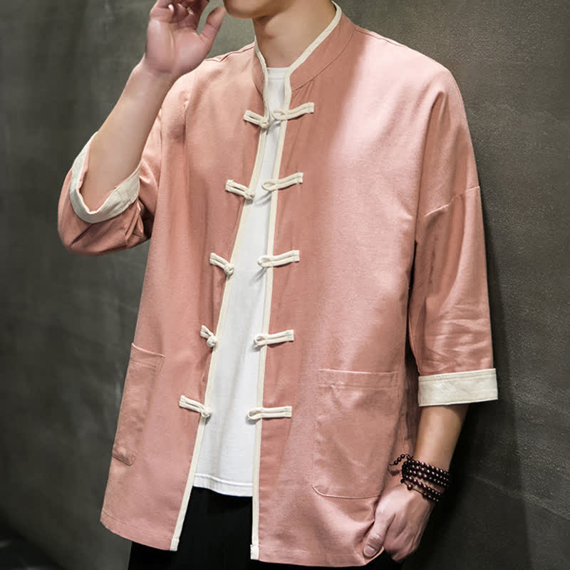 Nimara Ritual Summer Tang Style Mandarin Collar Color Blocking Frog Button Men's Short Sleeve Shirts With Pockets