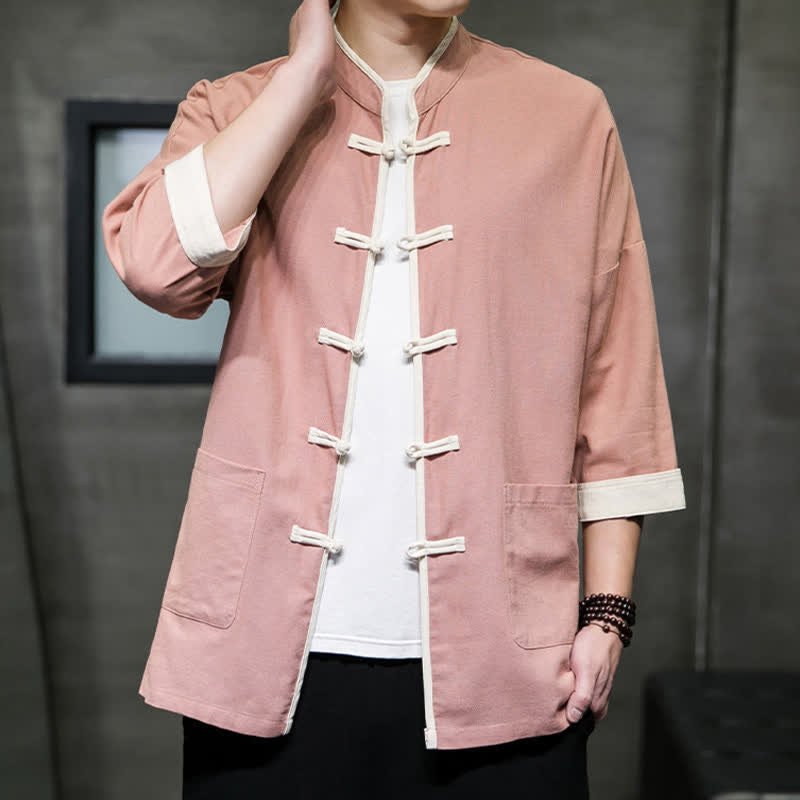 Nimara Ritual Summer Tang Style Mandarin Collar Color Blocking Frog Button Men's Short Sleeve Shirts With Pockets