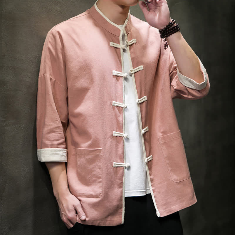 Nimara Ritual Summer Tang Style Mandarin Collar Color Blocking Frog Button Men's Short Sleeve Shirts With Pockets
