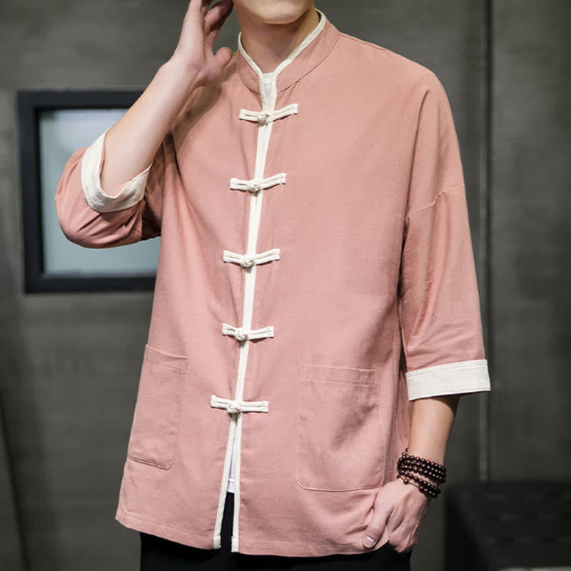 Nimara Ritual Summer Tang Style Mandarin Collar Color Blocking Frog Button Men's Short Sleeve Shirts With Pockets