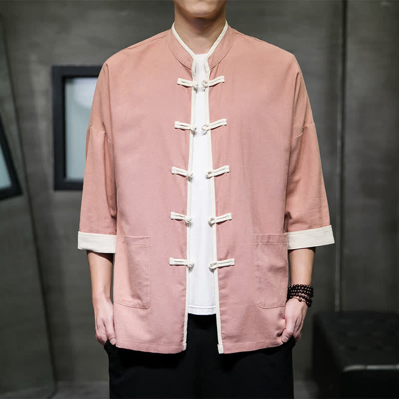 Nimara Ritual Summer Tang Style Mandarin Collar Color Blocking Frog Button Men's Short Sleeve Shirts With Pockets