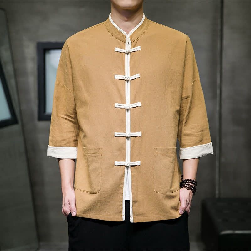 Nimara Ritual Summer Tang Style Mandarin Collar Color Blocking Frog Button Men's Short Sleeve Shirts With Pockets